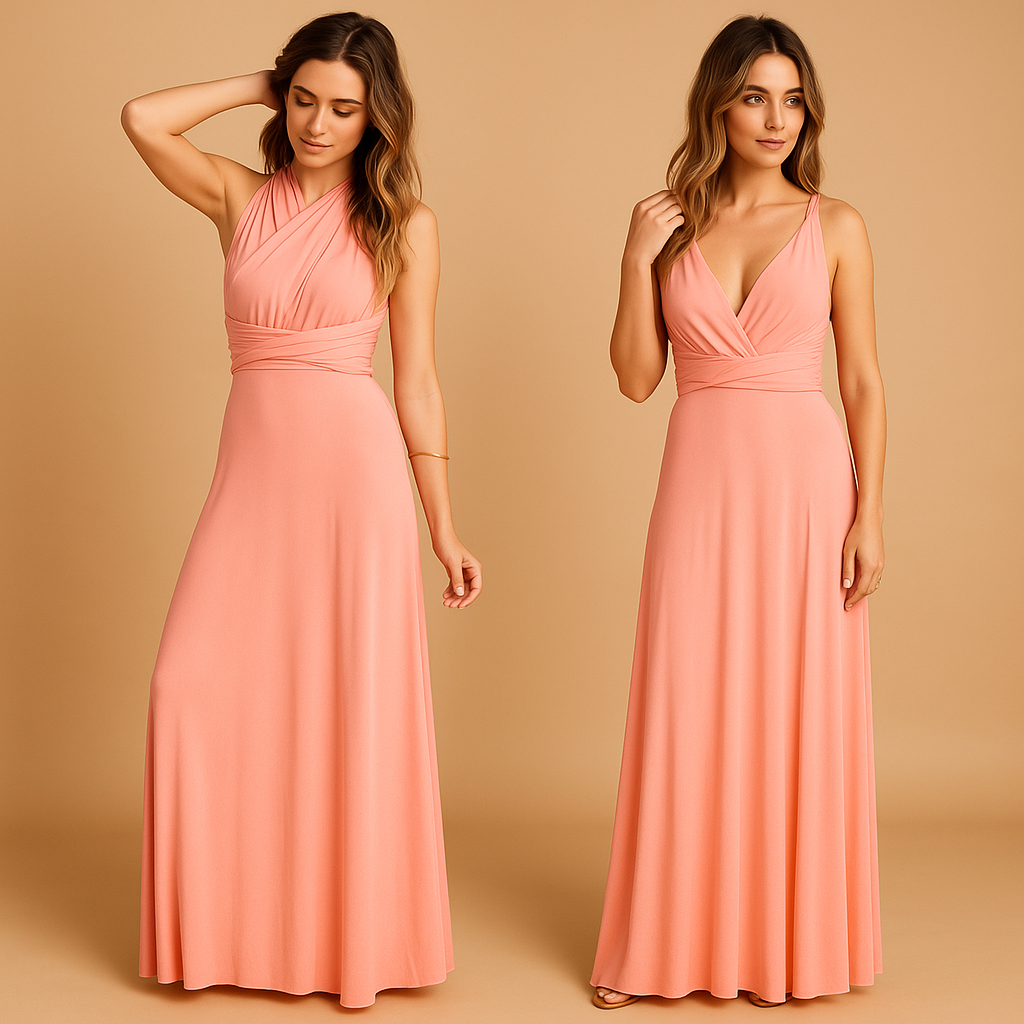 Women’s elegant wrap dress with extra-long straps and pleated waist, 20+ styling options, perfect for weddings, parties, and formal occasions.