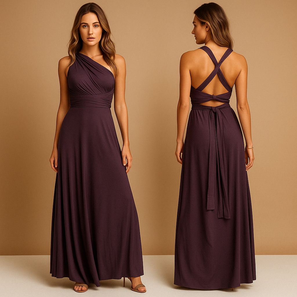 Women’s elegant wrap dress with extra-long straps and pleated waist, 20+ styling options, perfect for weddings, parties, and formal occasions.