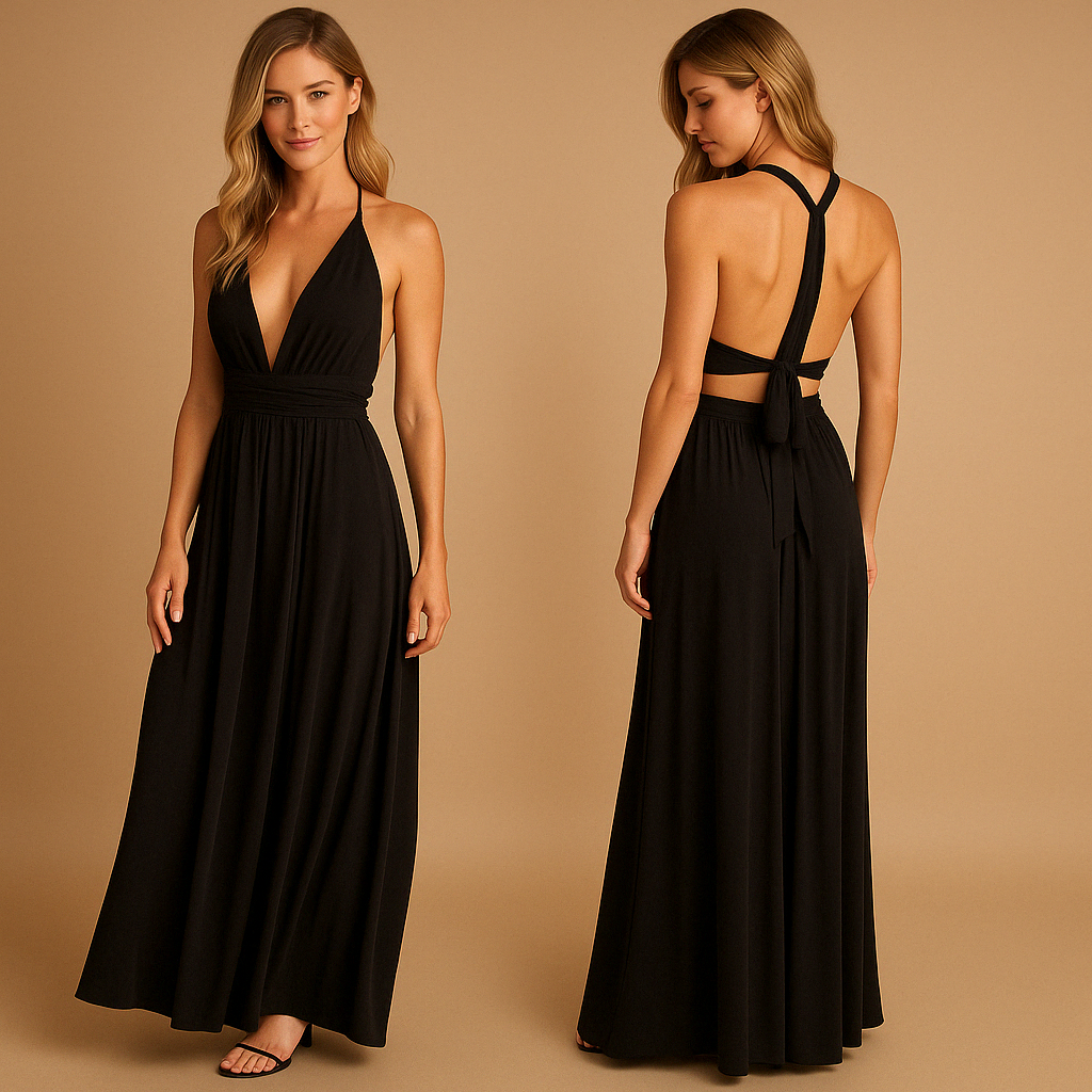 Women’s elegant wrap dress with extra-long straps and pleated waist, 20+ styling options, perfect for weddings, parties, and formal occasions.