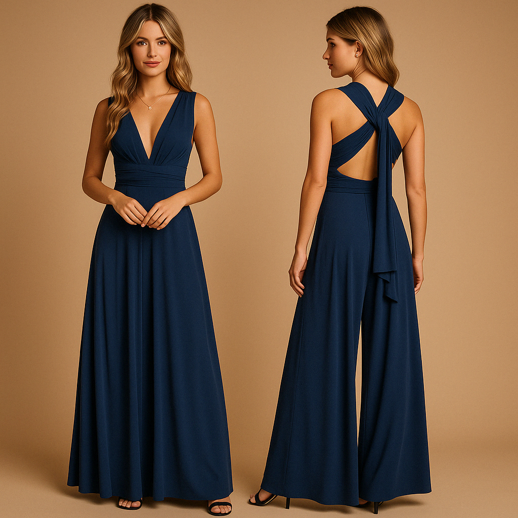 Women’s elegant wrap dress with extra-long straps and pleated waist, 20+ styling options, perfect for weddings, parties, and formal occasions.