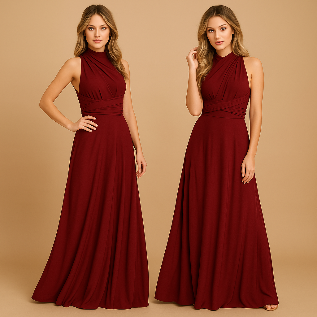 Women’s elegant wrap dress with extra-long straps and pleated waist, 20+ styling options, perfect for weddings, parties, and formal occasions.