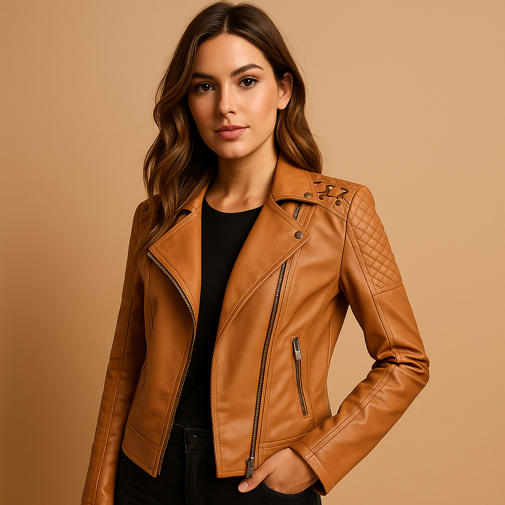 Faux leather jacket for women with tailored fit, stand-up collar, silver zipper, and stud details. Versatile style for casual chic or elegant outfits.