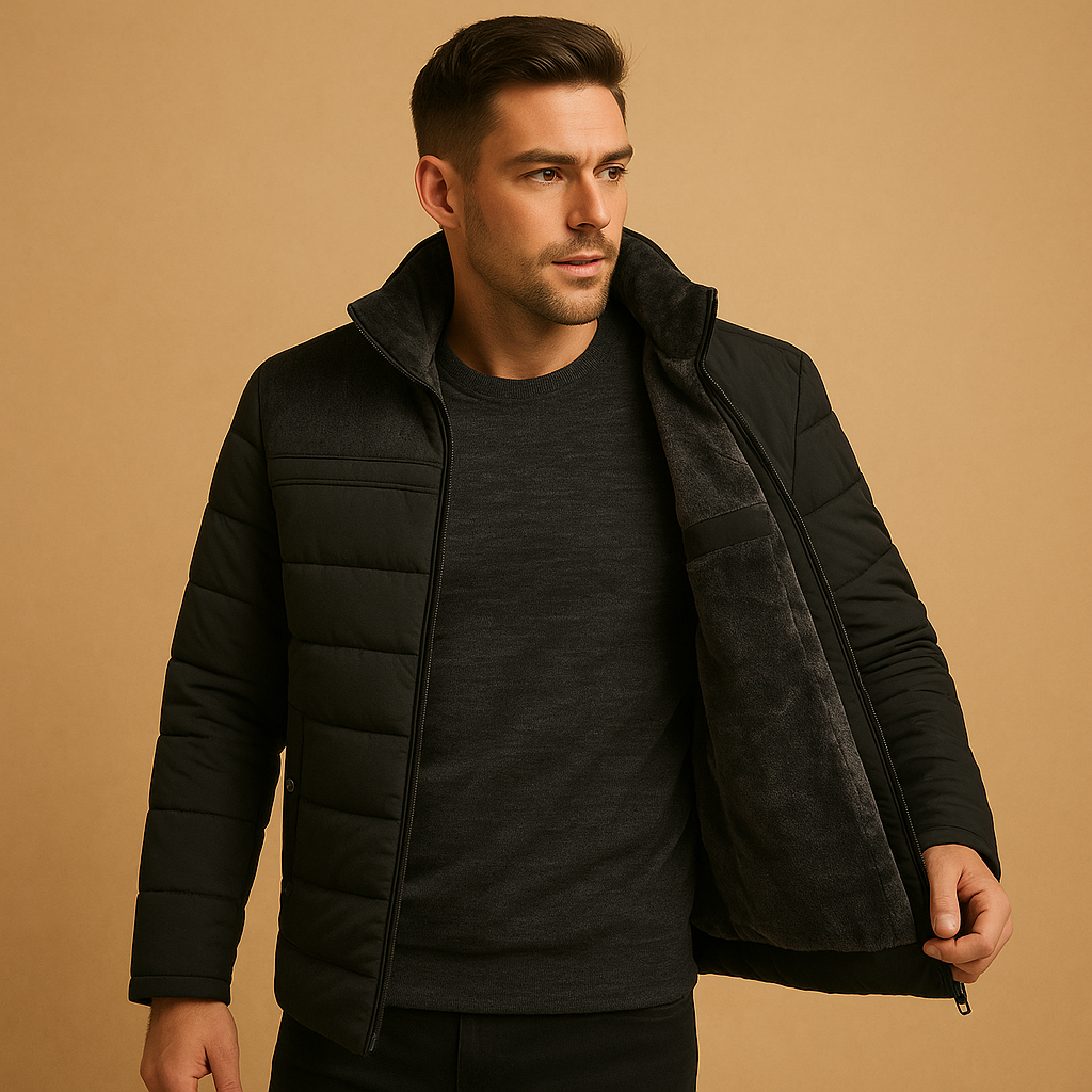 Men’s fleece jacket with high collar, zipper, and soft inner lining, perfect for everyday wear and outdoor activities.