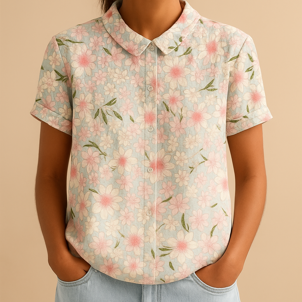 Floral loose fit blouse for women with a multicolored floral pattern, perfect for casual days, outdoor wear, or relaxing at home.