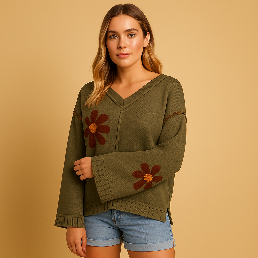 Floral knit V-neck sweater for women in green with relaxed silhouette, wide sleeves, and ribbed edges, perfect for casual outfits, school, or parties.