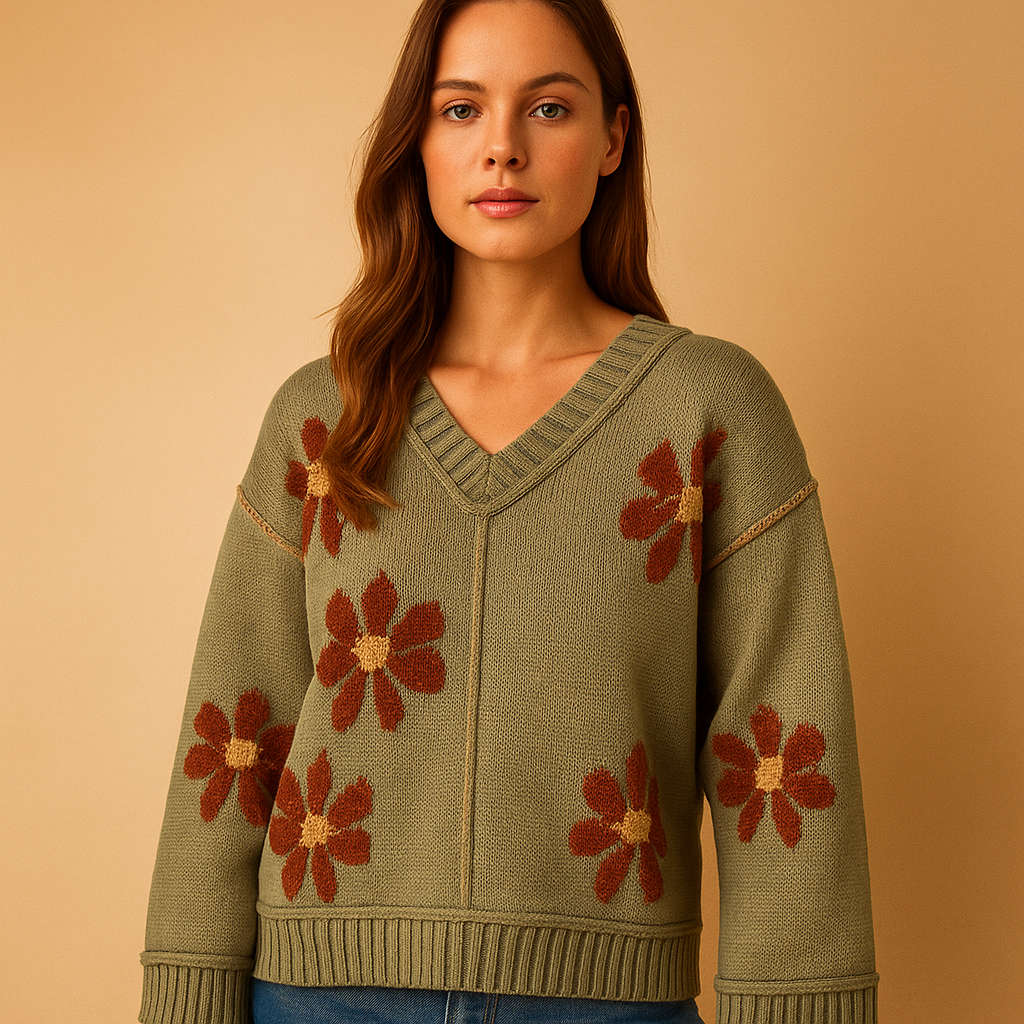 Floral knit V-neck sweater for women in green with relaxed silhouette, wide sleeves, and ribbed edges, perfect for casual outfits, school, or parties.