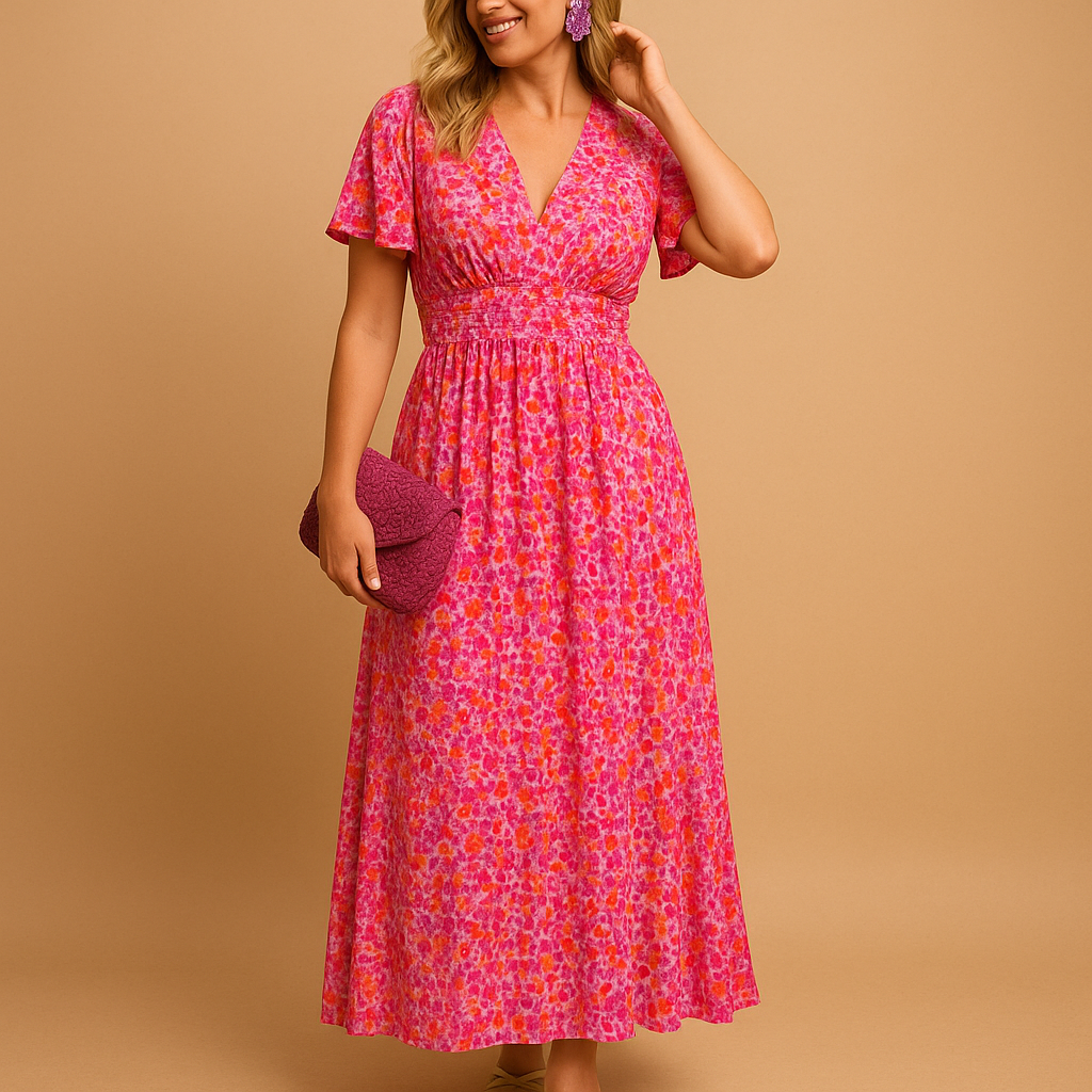 Women’s floral maxi summer dress with V-neckline and flowing silhouette, perfect for casual outings, warm days, and elegant evening occasions.