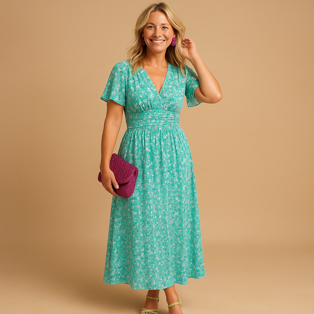 Women’s floral maxi summer dress with V-neckline and flowing silhouette, perfect for casual outings, warm days, and elegant evening occasions.