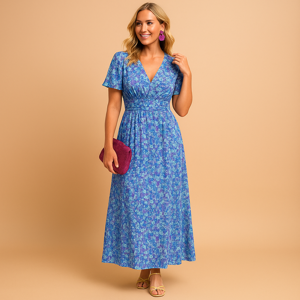 Women’s floral maxi summer dress with V-neckline and flowing silhouette, perfect for casual outings, warm days, and elegant evening occasions.