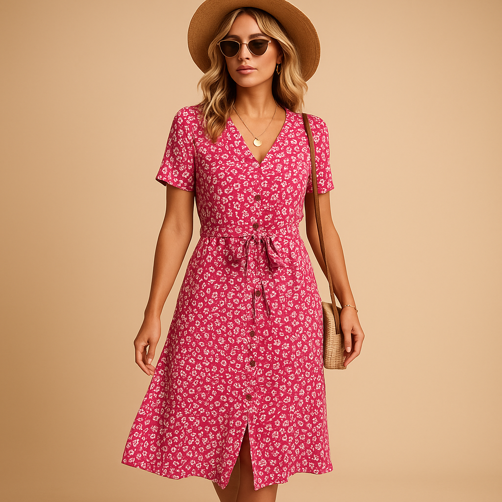 Women’s floral midi dress with short sleeves and flattering fit, perfect for summer parties, casual outings, or relaxed terrace days.