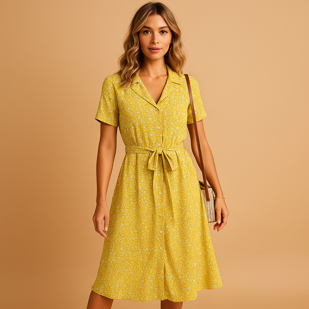 Women’s floral midi dress with short sleeves and flattering fit, perfect for summer parties, casual outings, or relaxed terrace days.
