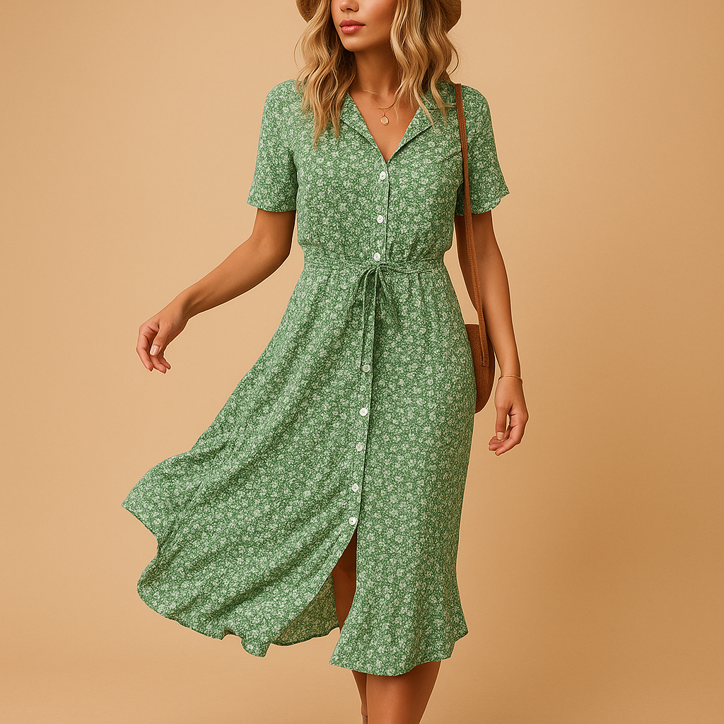 Women’s floral midi dress with short sleeves and flattering fit, perfect for summer parties, casual outings, or relaxed terrace days.