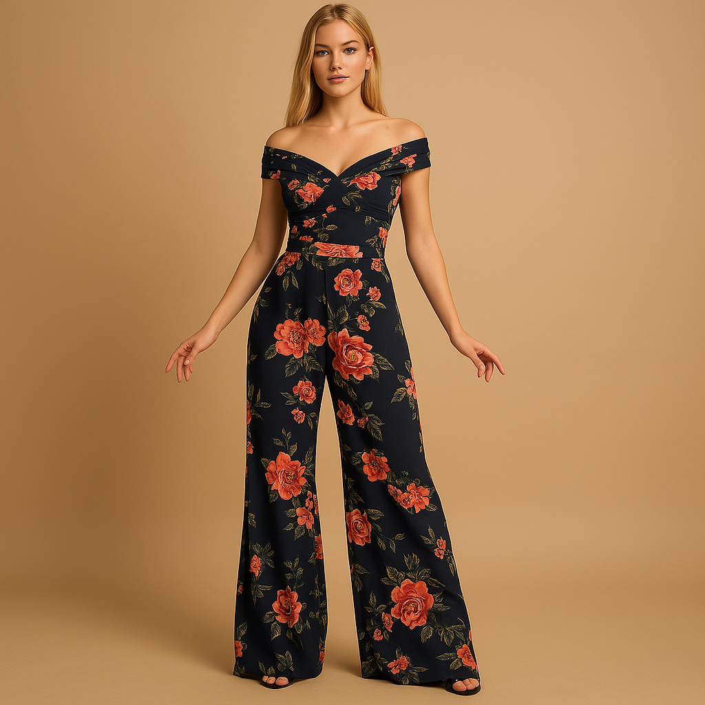 Floral off-shoulder jumpsuit for women with tailored waist and vibrant print, perfect for weddings, parties, and elegant summer occasions.