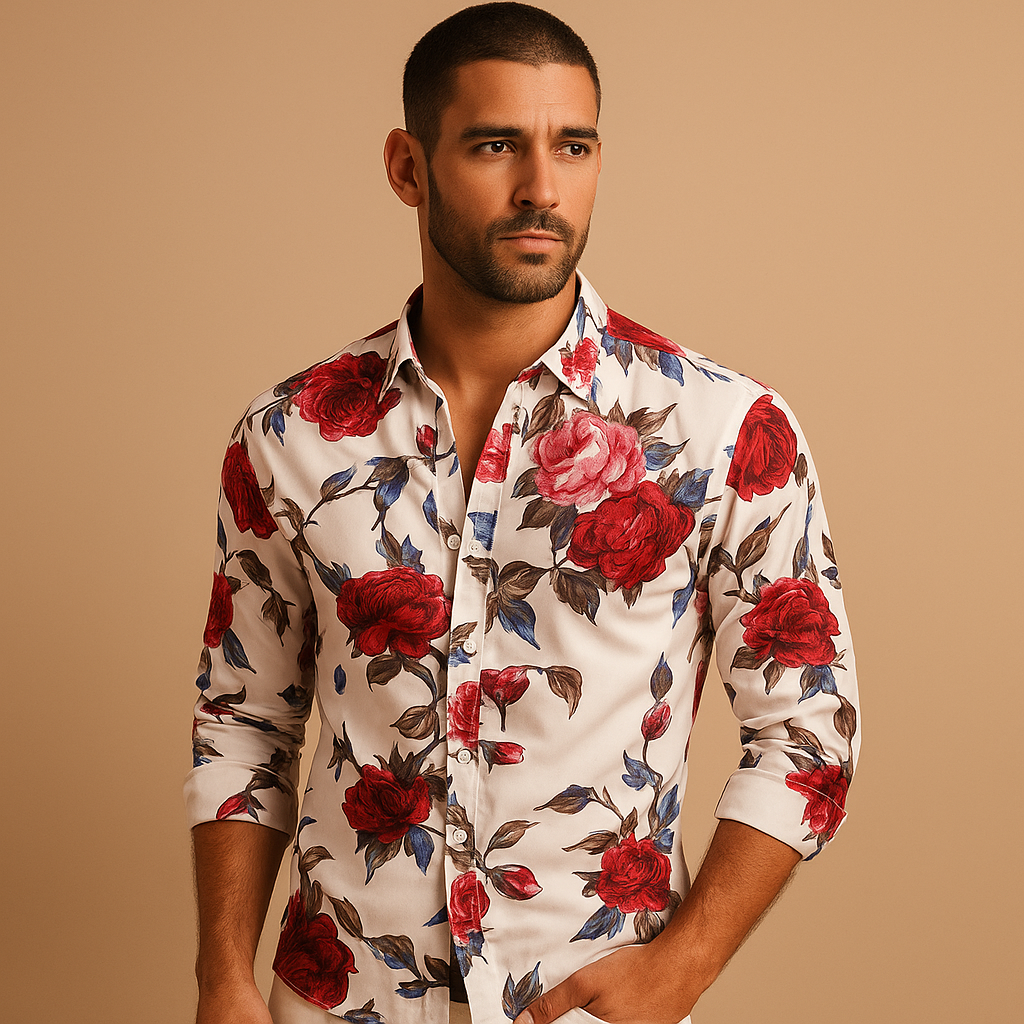 Floral print shirt for men in black, blue, and red with a modern fit and breathable fabric, perfect for casual, work, or festive occasions.
