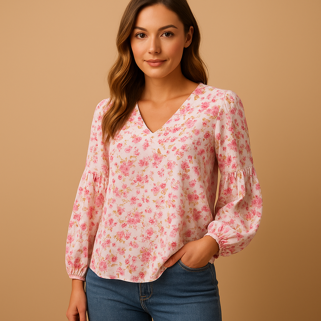 Elegant floral summer blouse for women with long sleeves and light fabric, perfect for warm days and versatile outfits.