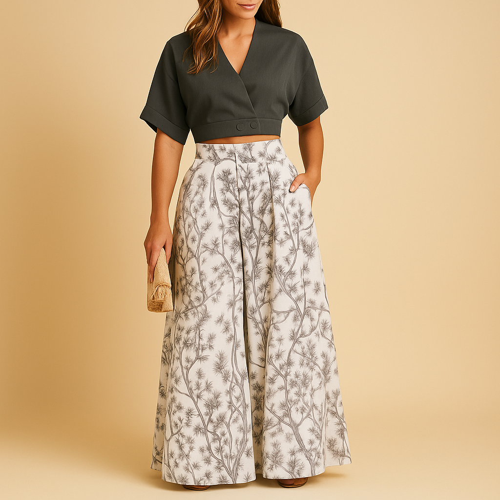 Women’s floral two-piece summer set with wide-leg pants and matching top, perfect for beach days, festivals, or casual outings.