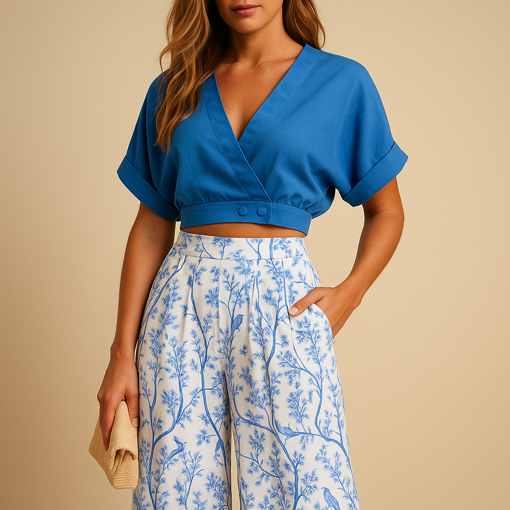 Women’s floral two-piece summer set with wide-leg pants and matching top, perfect for beach days, festivals, or casual outings.