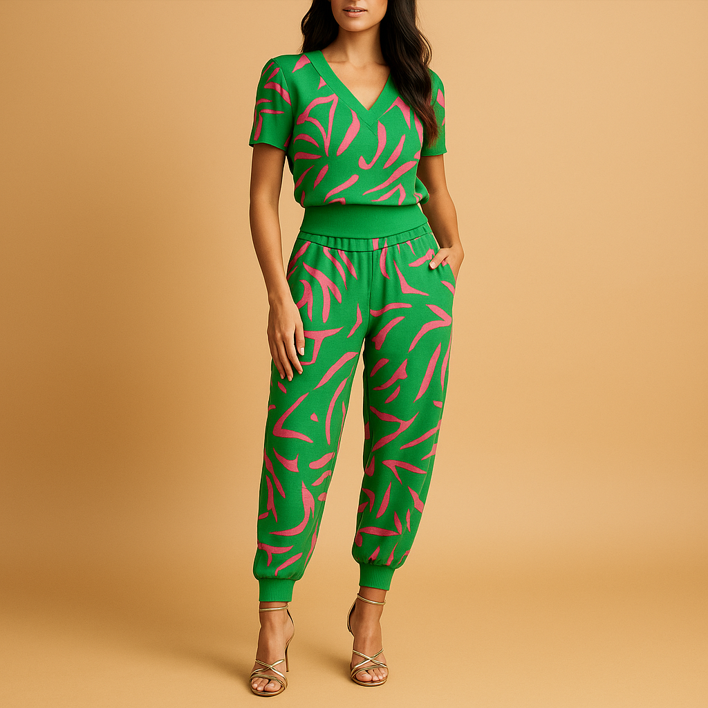 Women’s floral two-piece outfit with a printed top and matching pants, ideal for casual outings, holidays, and everyday wear.