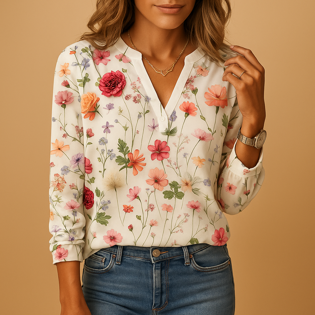 Elegant floral V-neck blouse for women in white, purple, green, and blue, perfect for both casual days and chic occasions.