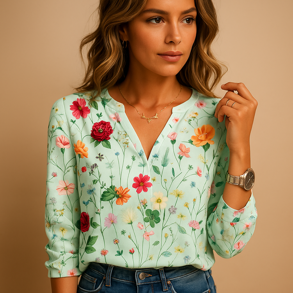 Elegant floral V-neck blouse for women in white, purple, green, and blue, perfect for both casual days and chic occasions.