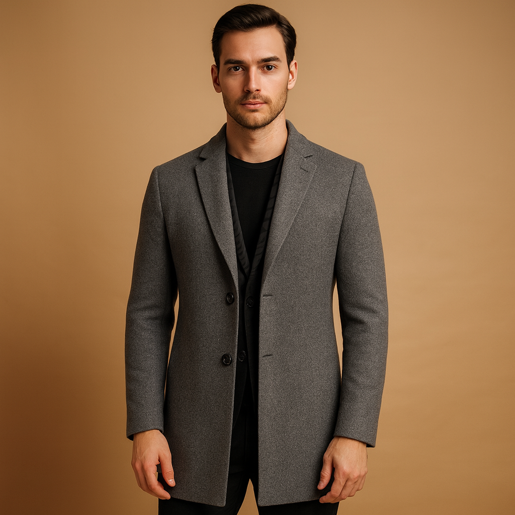 Elegant formal winter coat for men with long design and tailored fit, ideal for business, formal occasions, and cold-weather wear.