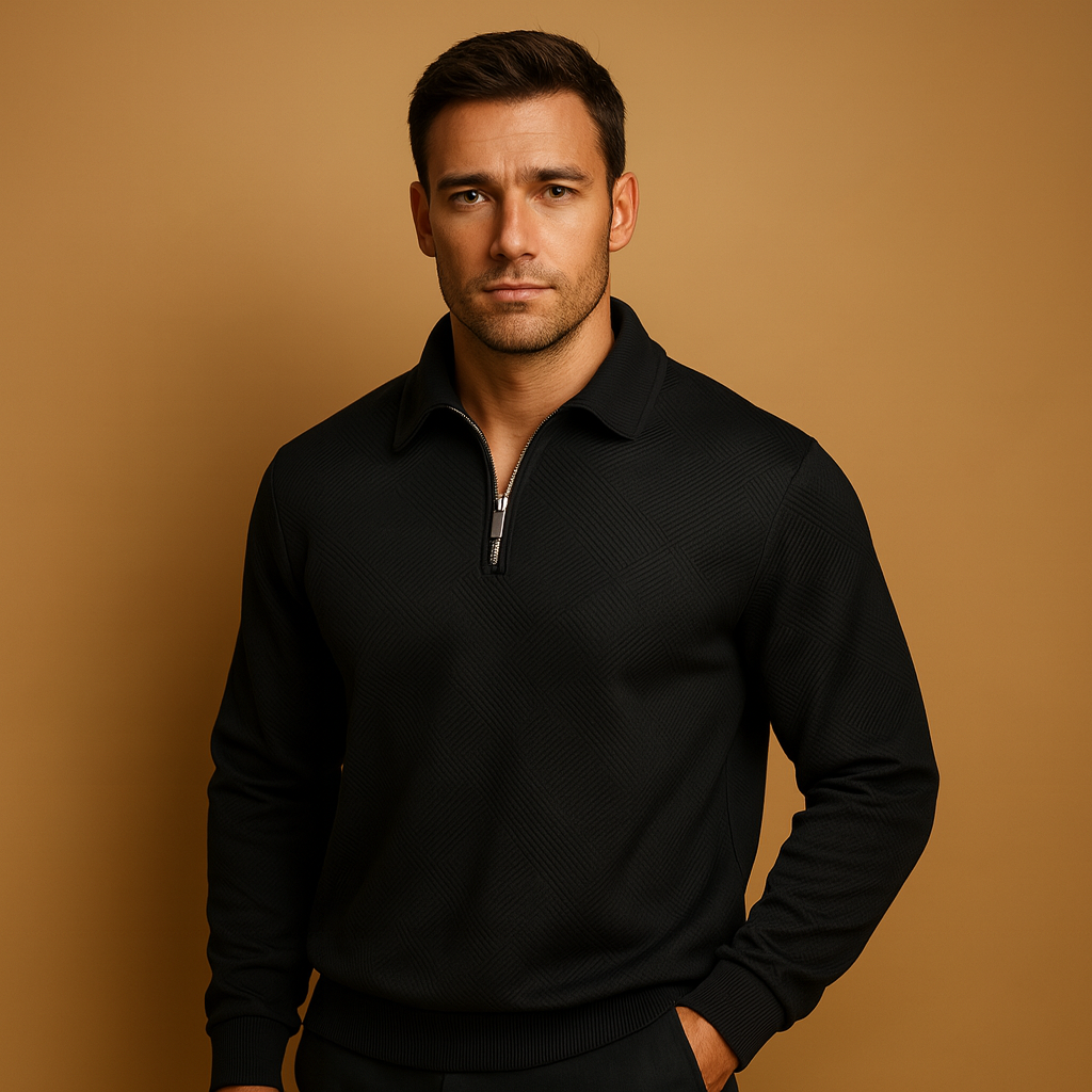 Men’s geometric quarter-zip polo sweater with a soft fabric and modern fit, ideal for stylish autumn and winter outfits.