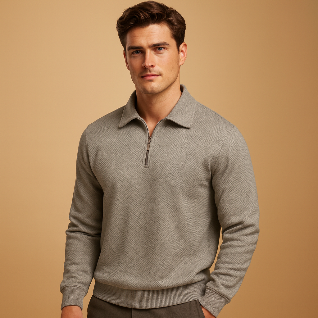 Men’s geometric quarter-zip polo sweater with a soft fabric and modern fit, ideal for stylish autumn and winter outfits.