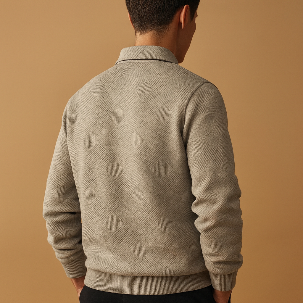 Men’s geometric quarter-zip polo sweater with a soft fabric and modern fit, ideal for stylish autumn and winter outfits.
