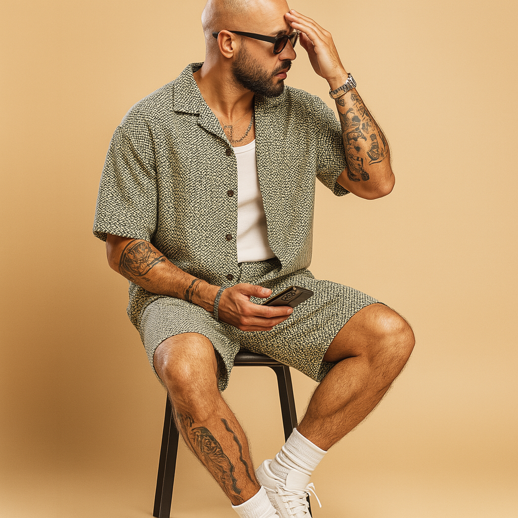 Stylish geometric summer set for men with printed shirt and matching shorts, ideal for vacations, casual outings, and warm days.