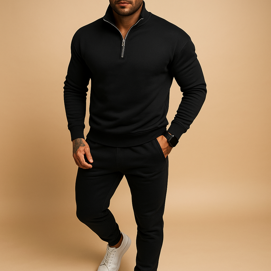 Modern half zip sweatshirt and jogger set for men, perfect for workouts, lounging, or stylish casual wear.