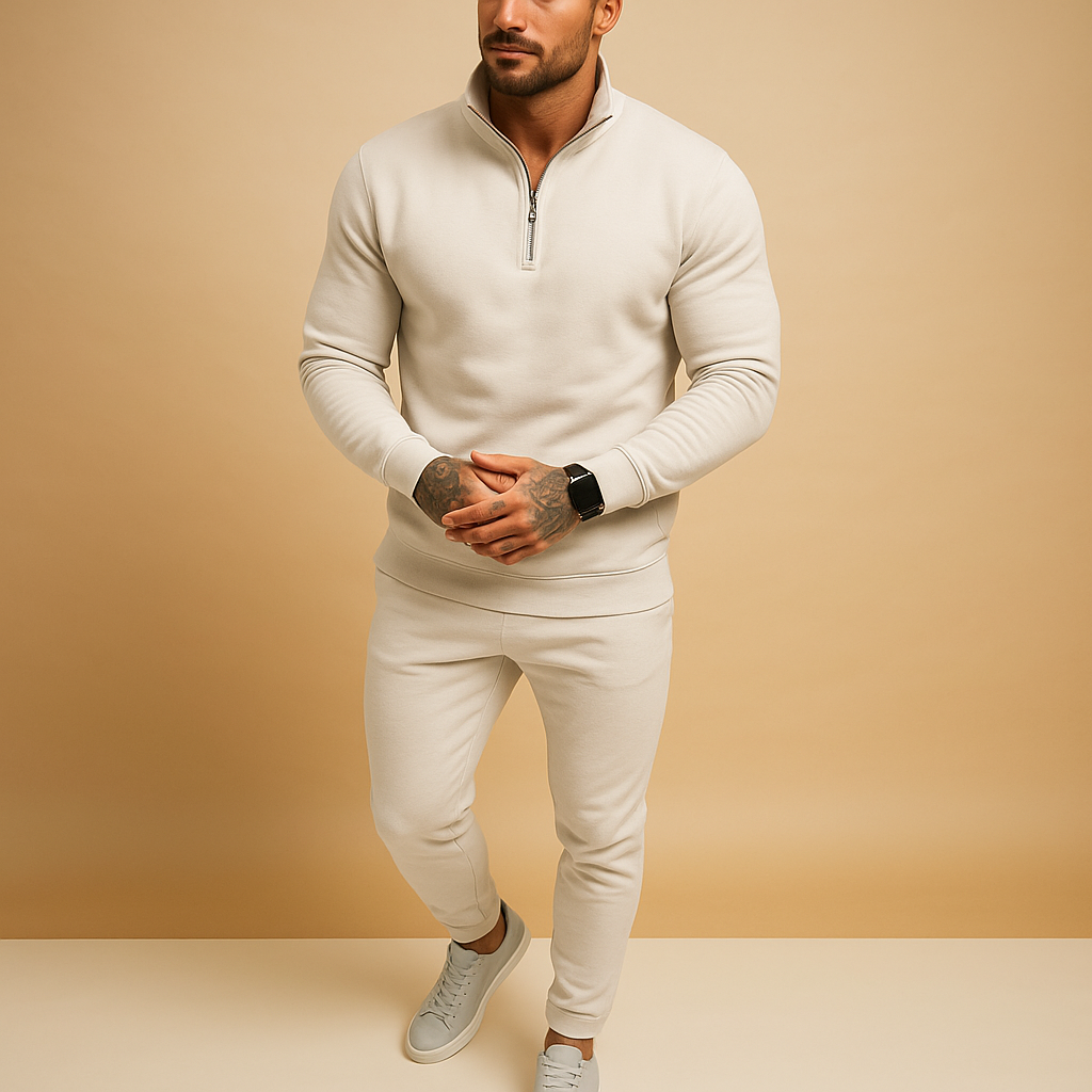 Modern half zip sweatshirt and jogger set for men, perfect for workouts, lounging, or stylish casual wear.
