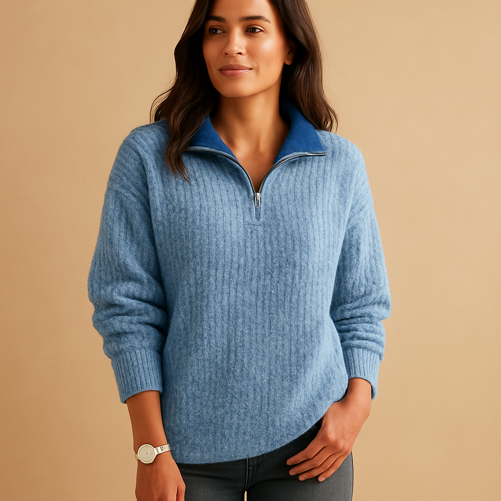 Women’s half zip knitted sweater with chic collar, soft breathable fabric, and regular fit, available in khaki, gray, blue, and black.