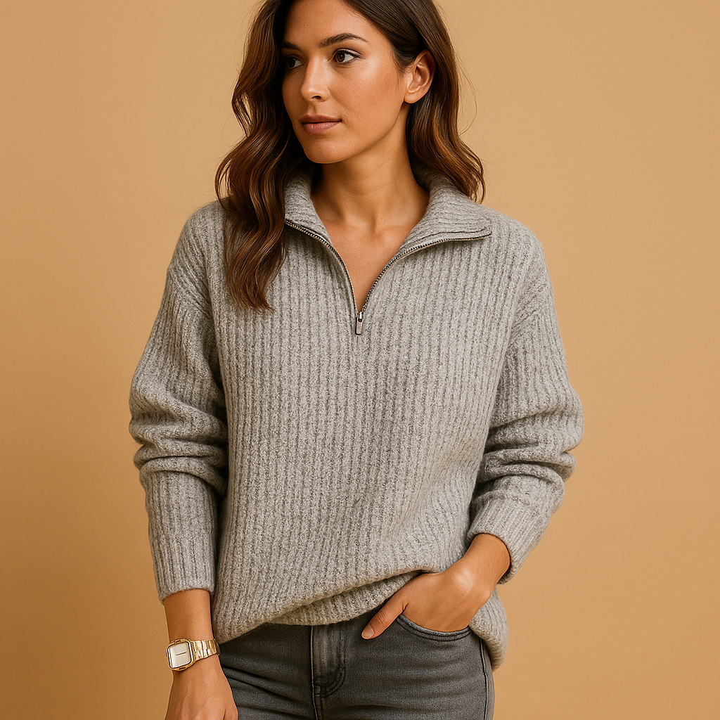 Women’s half zip knitted sweater with chic collar, soft breathable fabric, and regular fit, available in khaki, gray, blue, and black.