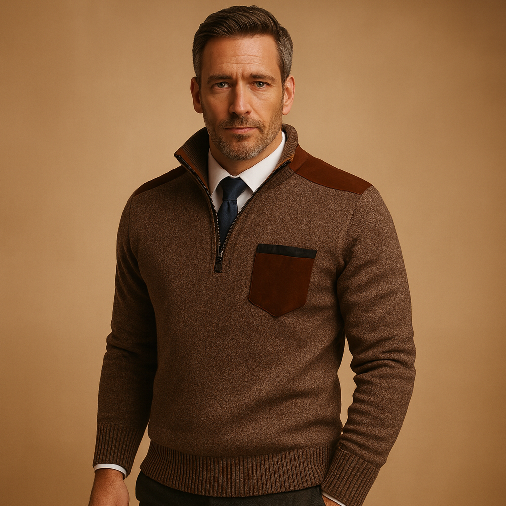 Men’s half-zip pullover with adjustable stand collar and chest pocket, perfect for autumn and winter work or leisure outfits.