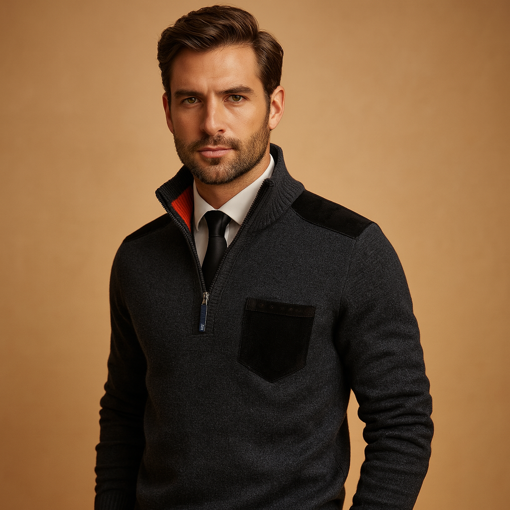 Men’s half-zip pullover with adjustable stand collar and chest pocket, perfect for autumn and winter work or leisure outfits.