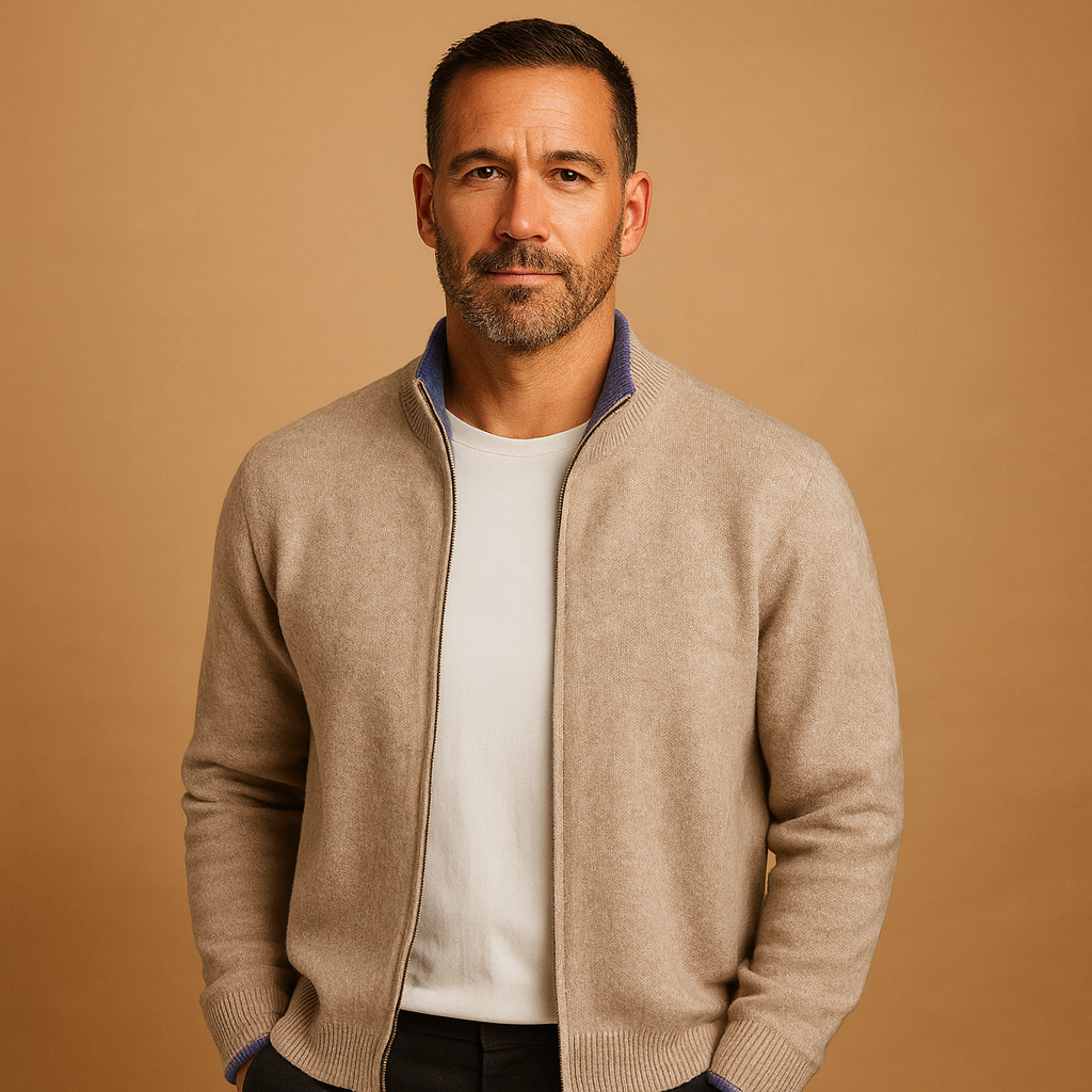Men’s half-zip sweater with ribbed sleeves and a modern pattern, designed for warmth and everyday smart-casual autumn and winter outfits.