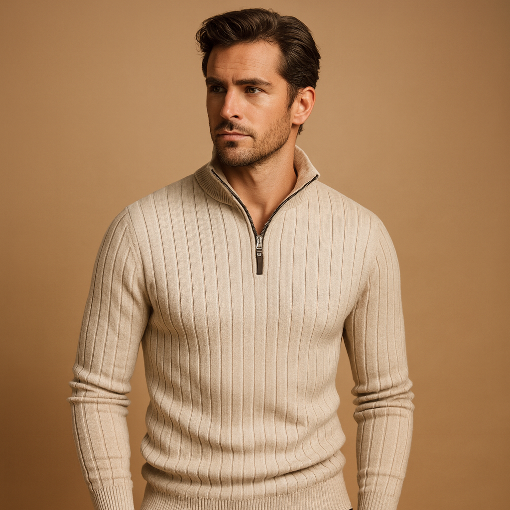 Men’s half-zip sweater with ribbed sleeves and a modern pattern, designed for warmth and everyday smart-casual autumn and winter outfits.
