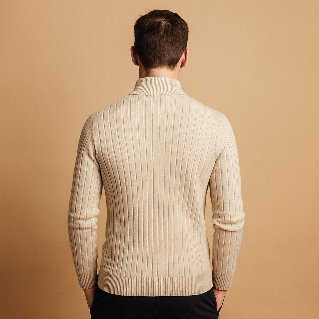Men’s half-zip sweater with ribbed sleeves and a modern pattern, designed for warmth and everyday smart-casual autumn and winter outfits.