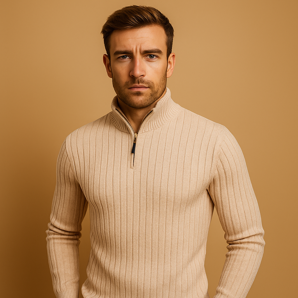 Men’s half-zip sweater with ribbed sleeves and a modern pattern, designed for warmth and everyday smart-casual autumn and winter outfits.