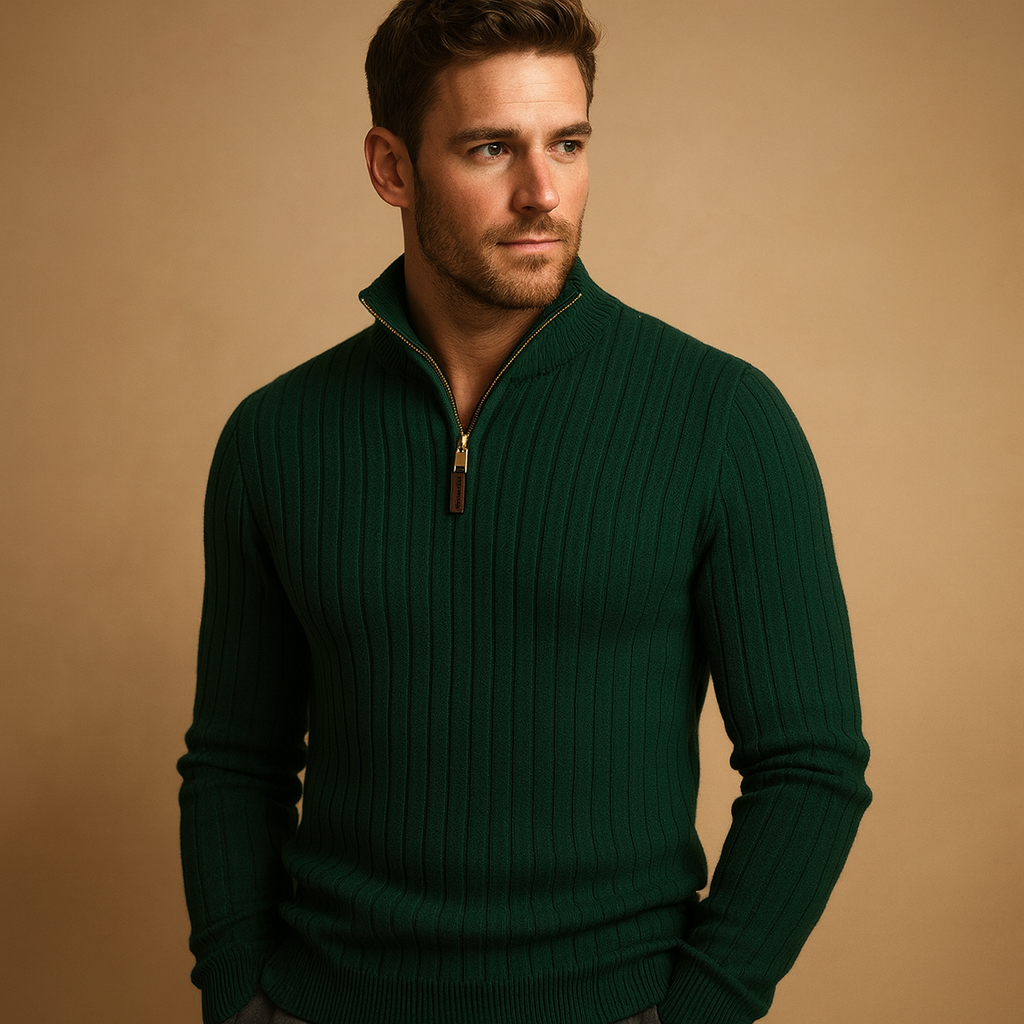 Men’s half-zip sweater with ribbed sleeves and a modern pattern, designed for warmth and everyday smart-casual autumn and winter outfits.