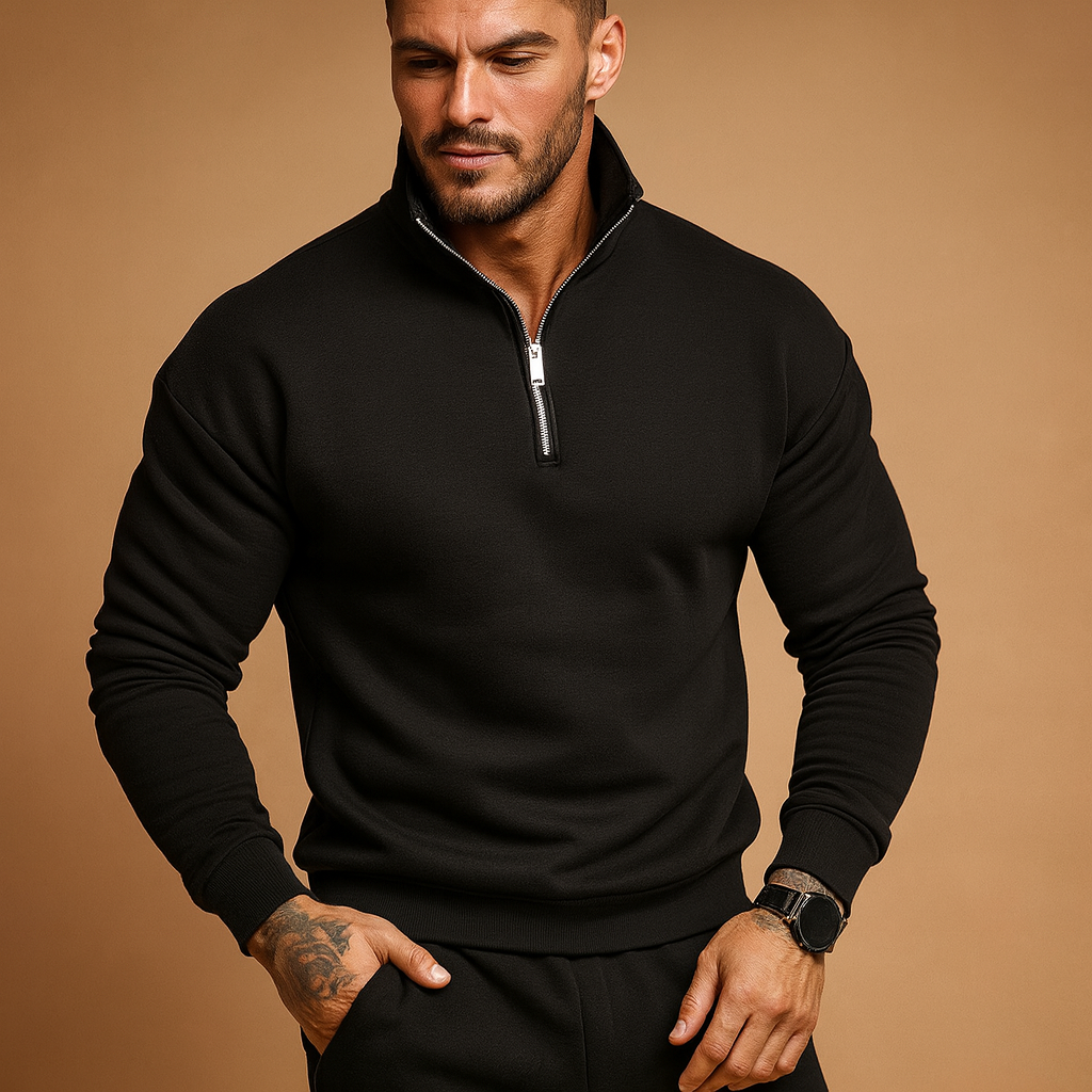 Men’s half zip sweater in a modern design with soft fabric, ideal for casual and formal wear during autumn and winter.