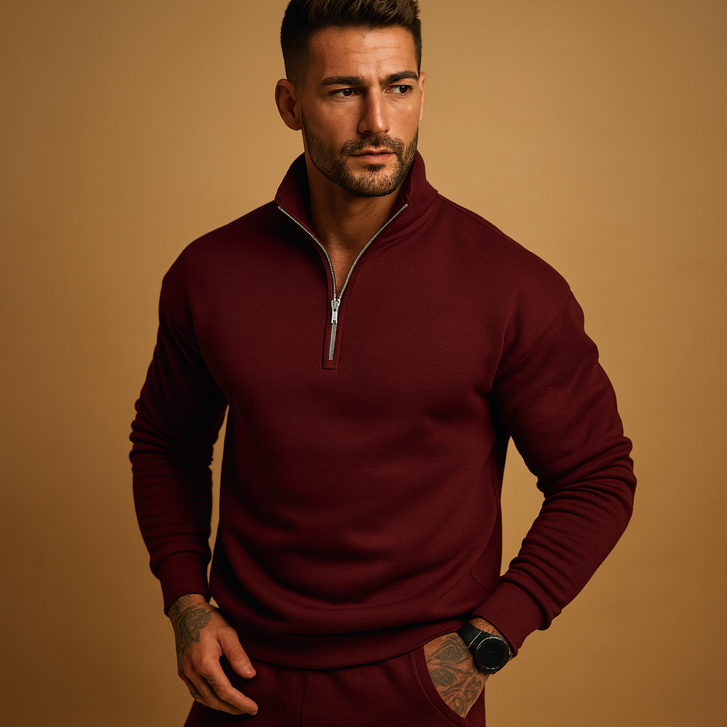 Men’s half zip sweater in a modern design with soft fabric, ideal for casual and formal wear during autumn and winter.