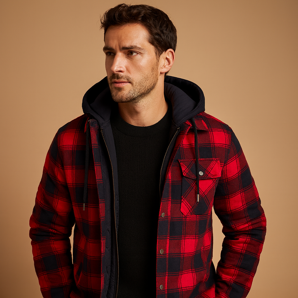 Men’s hooded bomber jacket with soft lining and classic design, ideal for casual wear and winter protection.