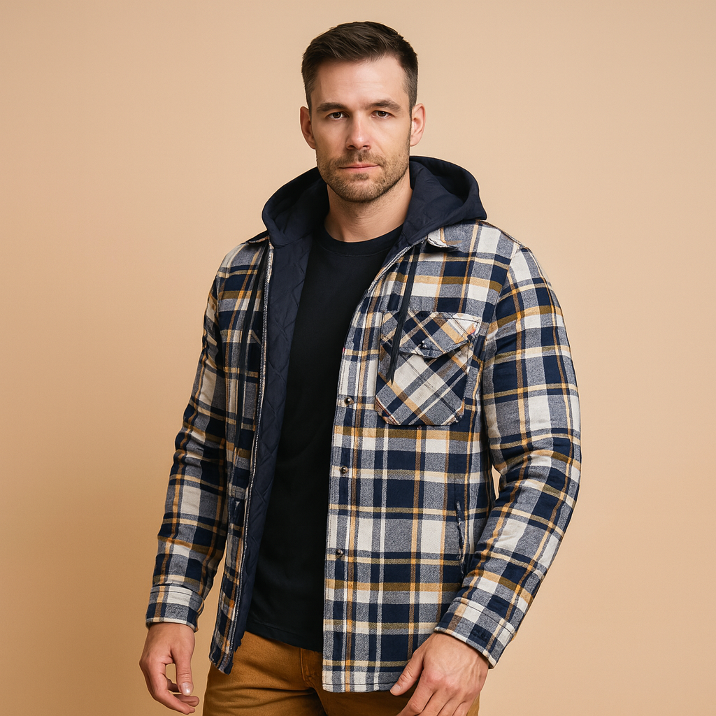 Men’s hooded bomber jacket with soft lining and classic design, ideal for casual wear and winter protection.