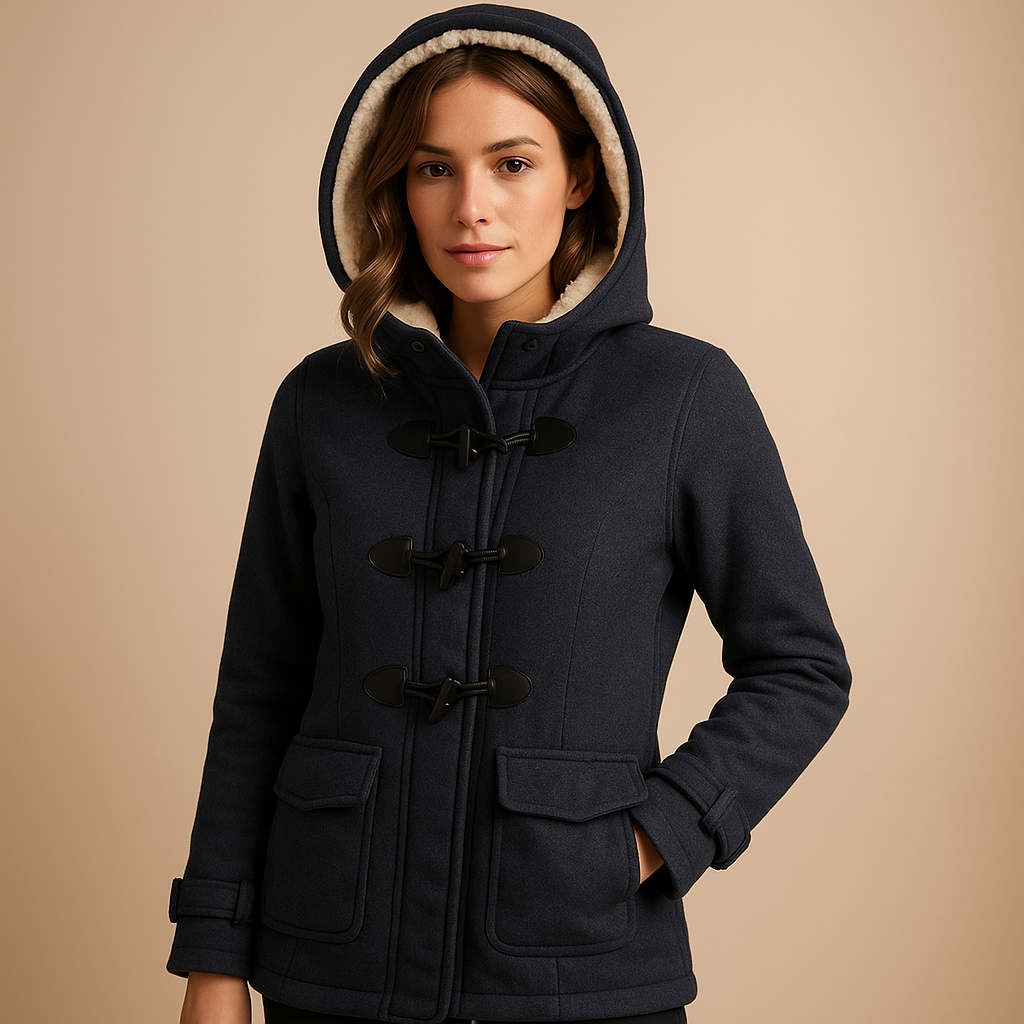 Long winter coat for women with hood and front zipper, wind-resistant design ideal for everyday wear and elegant winter looks.