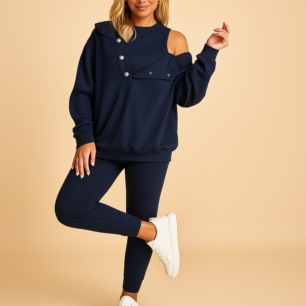 Women’s hoodie and jogger loungewear set with relaxed fit, perfect for lounging, everyday wear, or outdoor casual looks.