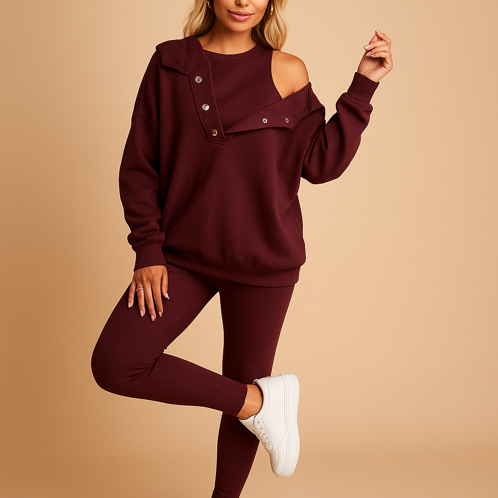 Women’s hoodie and jogger loungewear set with relaxed fit, perfect for lounging, everyday wear, or outdoor casual looks.