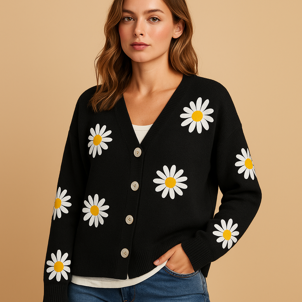 Women’s knitted cardigan with button closure and floral pattern, soft breathable knit, perfect for autumn and winter layering in casual or refined outfits.