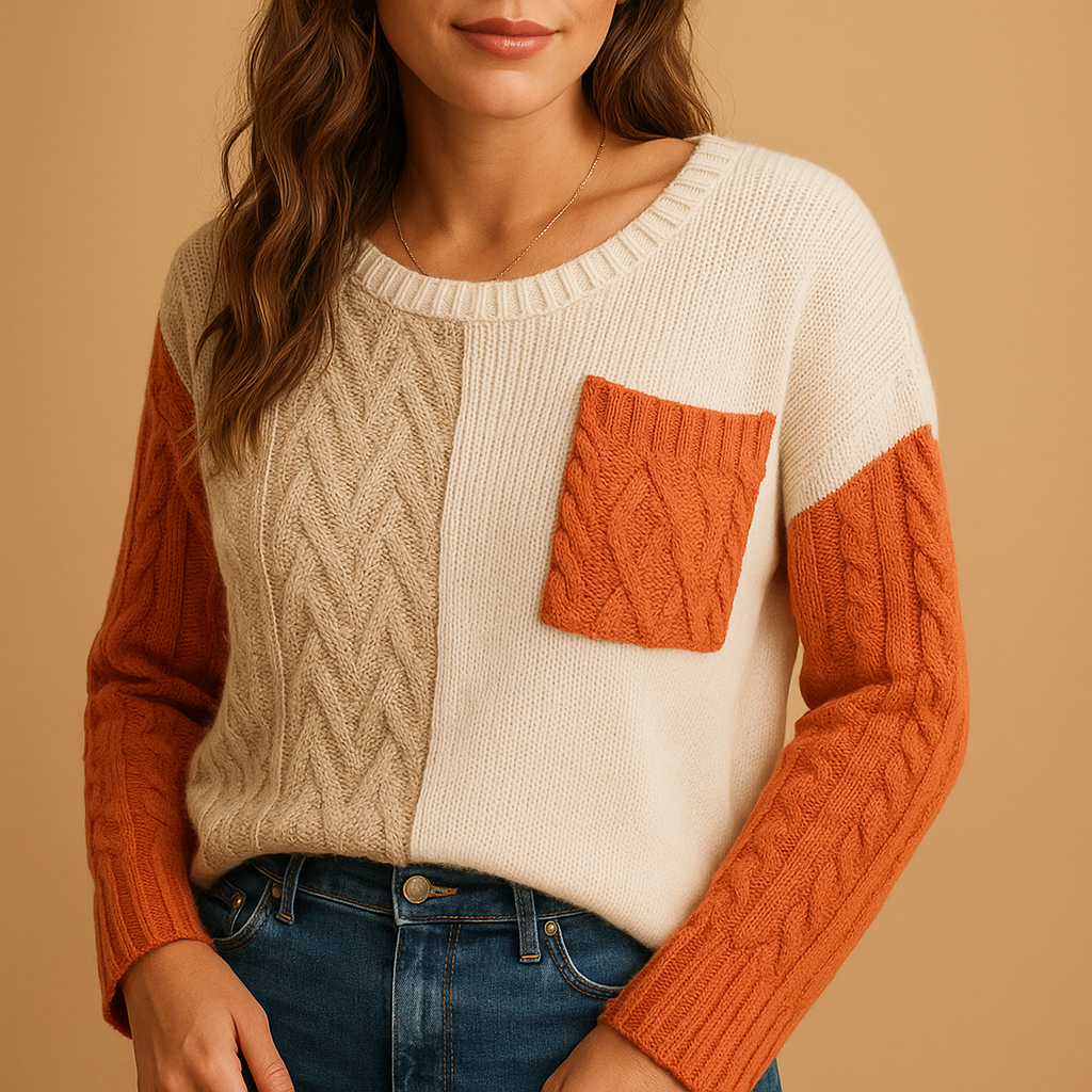 Women’s knitted sweater with cable pattern, relaxed fit, dropped shoulders, and pocket detail. Perfect for casual outfits, layering, or cozy days at home.