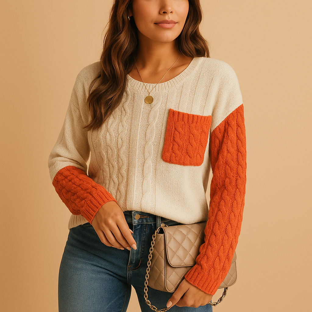 Women’s knitted sweater with cable pattern, relaxed fit, dropped shoulders, and pocket detail. Perfect for casual outfits, layering, or cozy days at home.